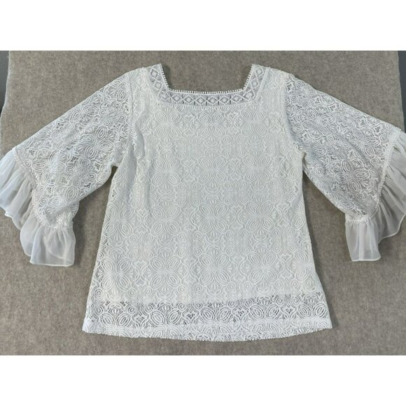 White House Black Market Tops - White House Black Market Lined White Lace Top Chiffon Ruffle Sleeves Sze S